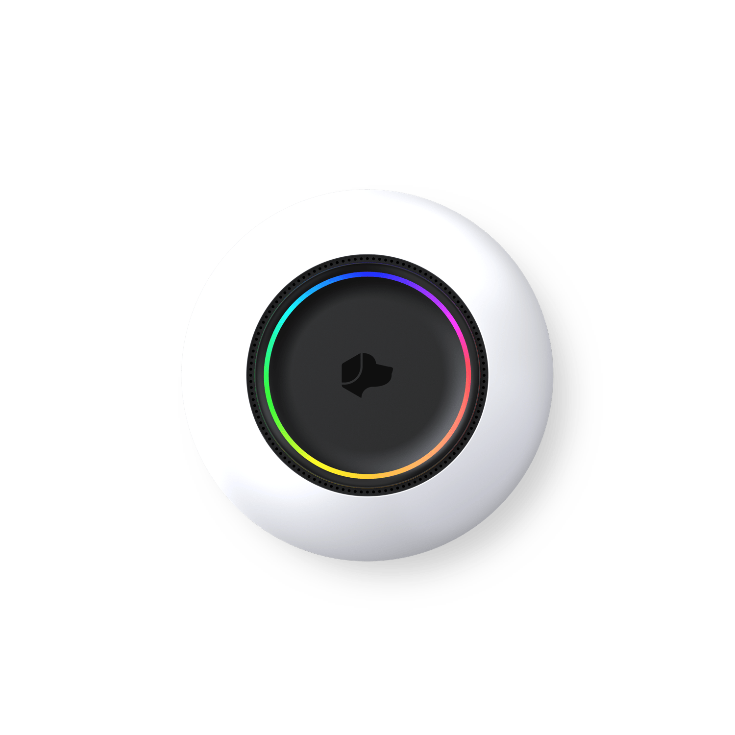 Circular smart home voice control device with a central microphone button and multicolor LED ring on a black background.