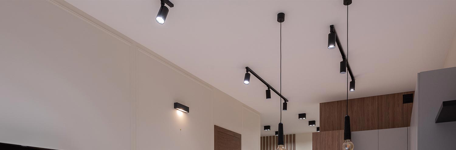 Contemporary interior ceiling with recessed lighting, black track lights, and pendant fixtures illuminating a modern living space.