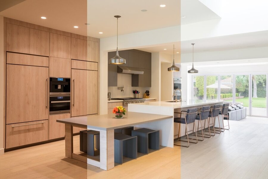 A kitchen space with Ketra lighting, showing the divide between three separate Ketra’s lighting natural home lighting spectrums.