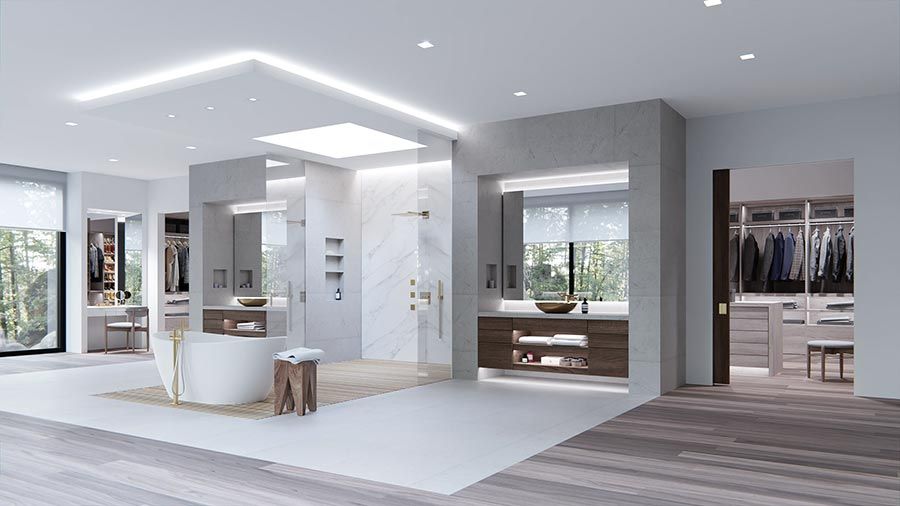 A spacious and luxurious modern bathroom with marble accents, a freestanding bathtub, and an integrated walk-in closet in the background.